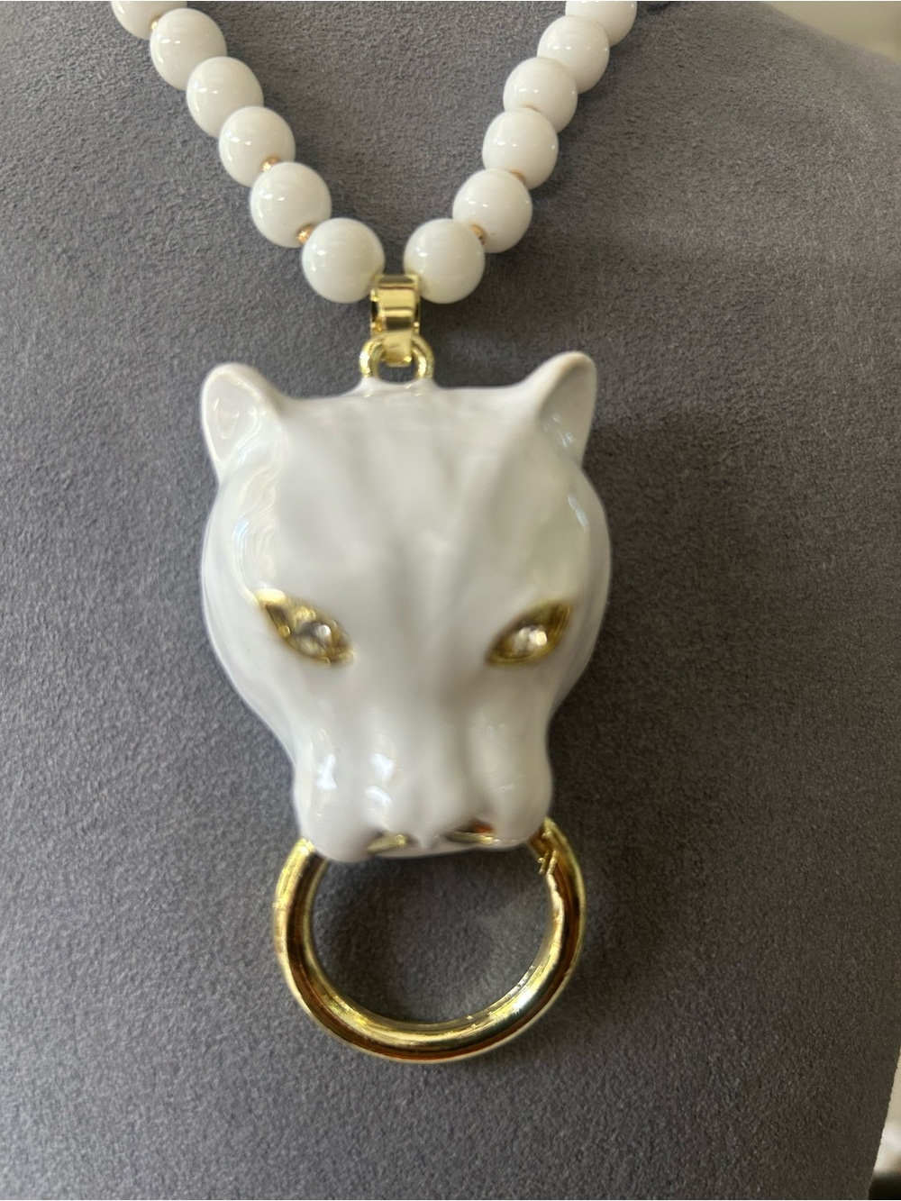 White Ceramic Panther Pendant Necklace with Gold Accents